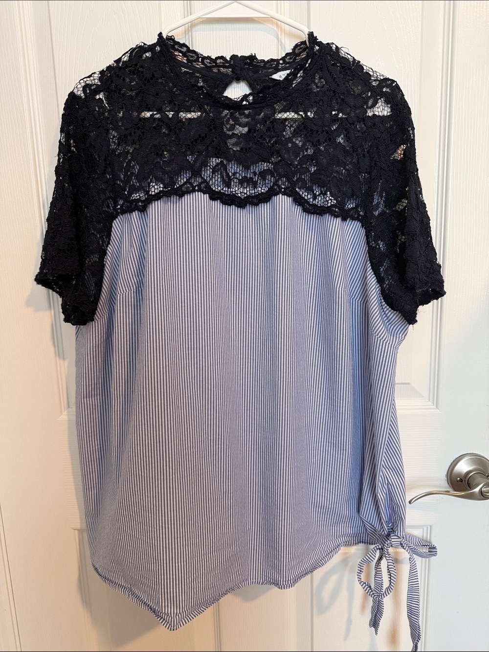 Boutique Lace Yoke Blouse 2X navy blue  Crochet Top blue/white striped boho